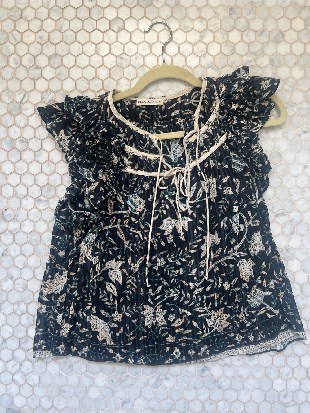 Ulla Johnson Black Floral Ruffle Tie-Front Top